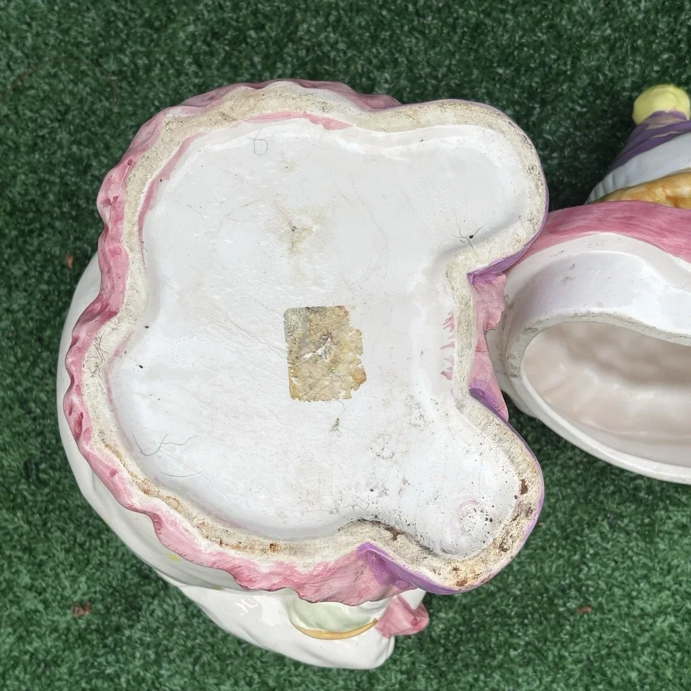 Vintage Starry Eyed Ceramic Clown Cookie Jar with Lid Holding Puppy Dog 13